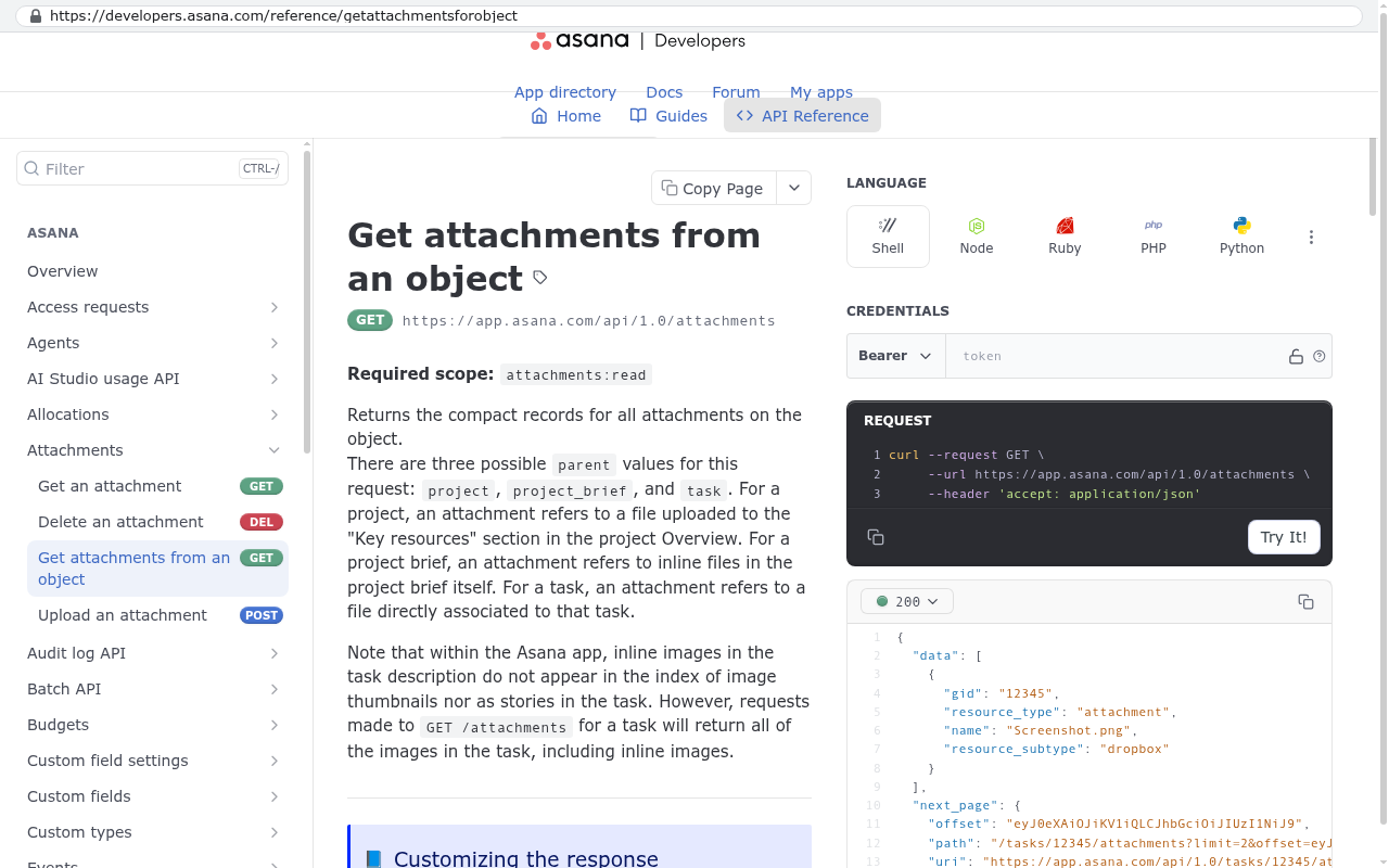 Asana Developers API Reference page showing the Get attachments from an object endpoint documentation with scope requirements, endpoint URL, and request examples in multiple programming languages