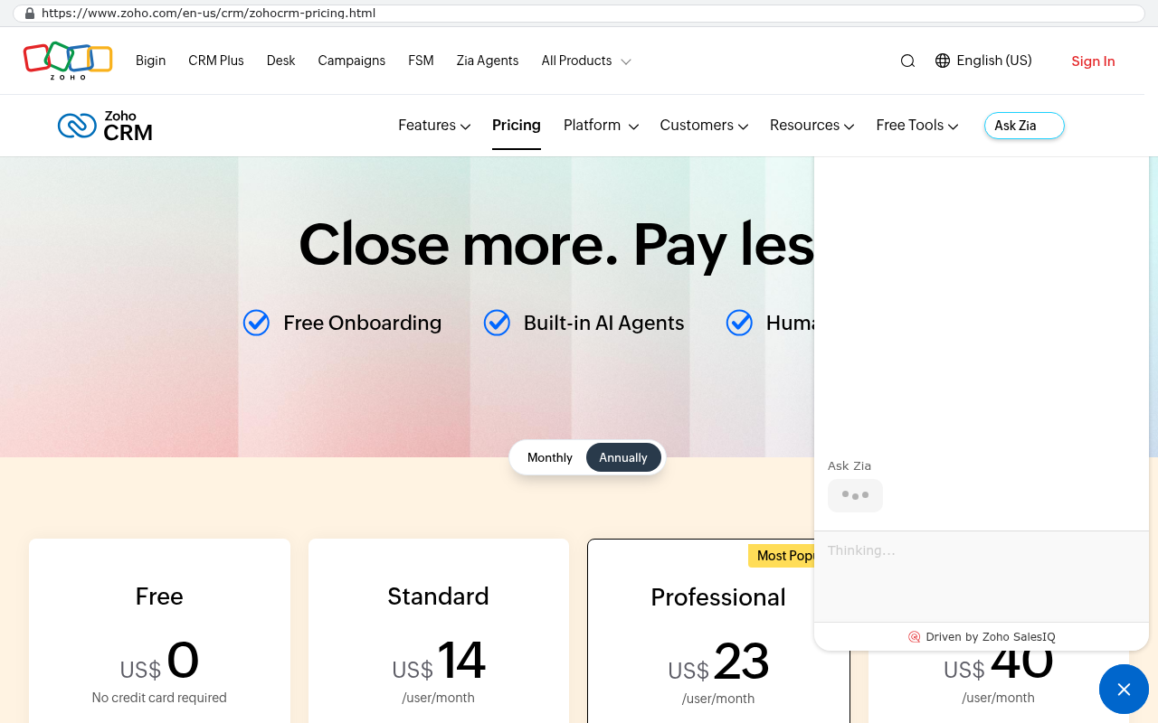 Zoho CRM pricing page showing Standard plan priced at US dollar 14 per user per month alongside Free and Professional tiers