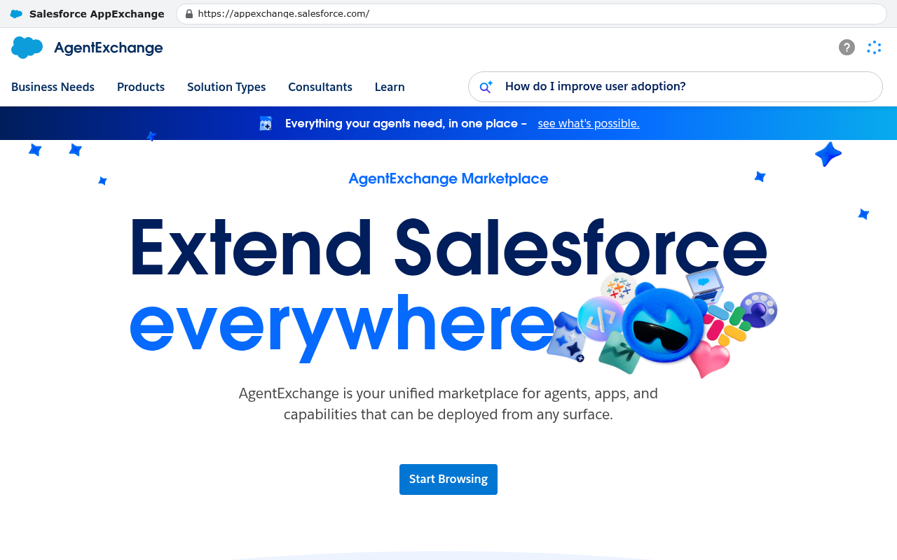 Salesforce AppExchange marketplace homepage showing AgentExchange Marketplace with headline Extend Salesforce everywhere and description of unified marketplace for agents apps and capabilities