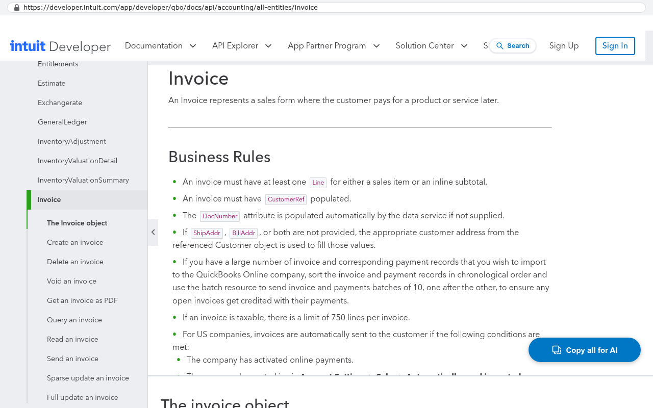 Intuit Developer documentation page showing the Invoice API endpoint with Business Rules and code object details for QuickBooks Online Accounting