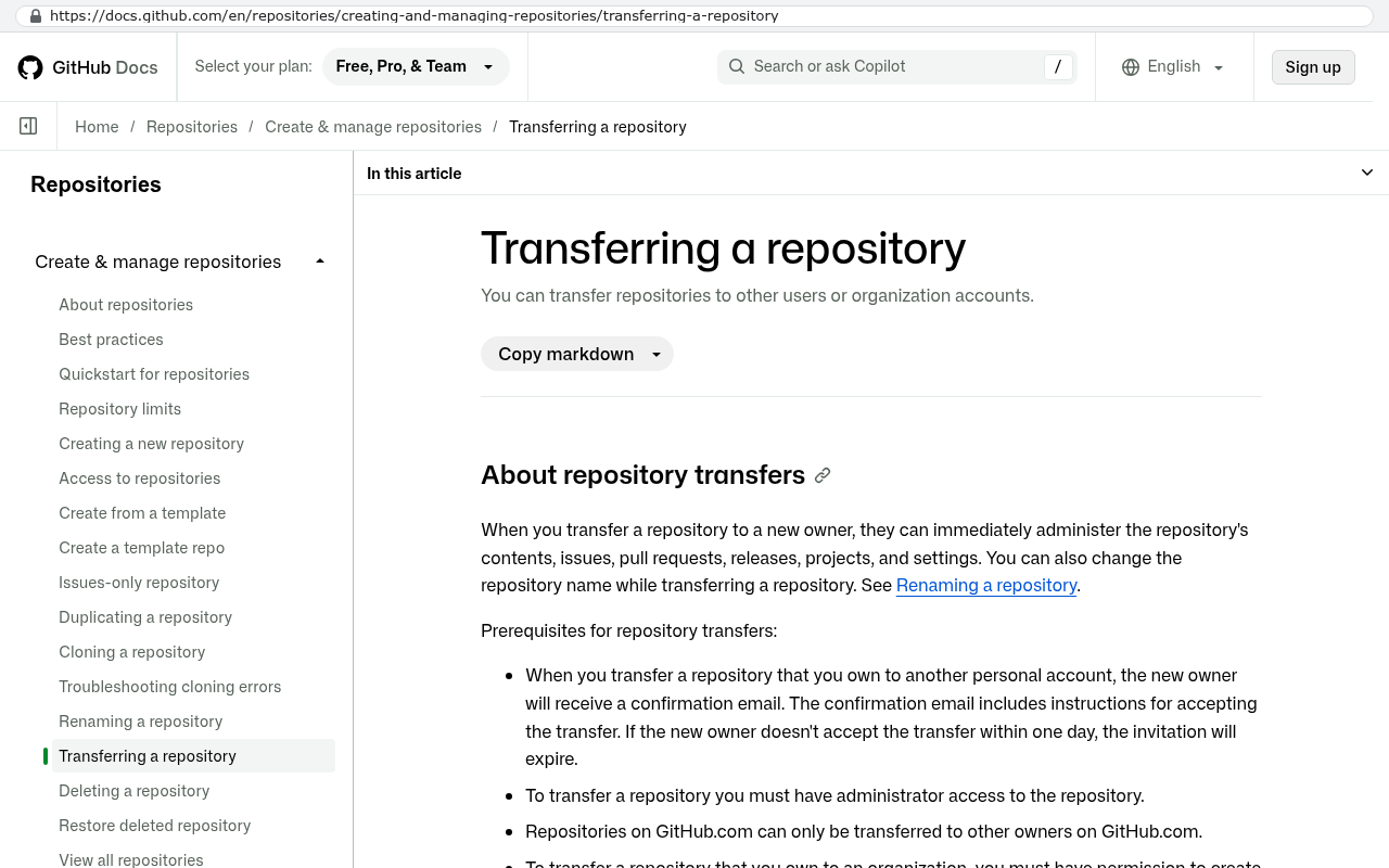 GitHub Docs page displaying Transferring a repository heading and prerequisites stating that when you transfer a repository to a new owner they can administer it and that you must have administrator access to transfer a repository