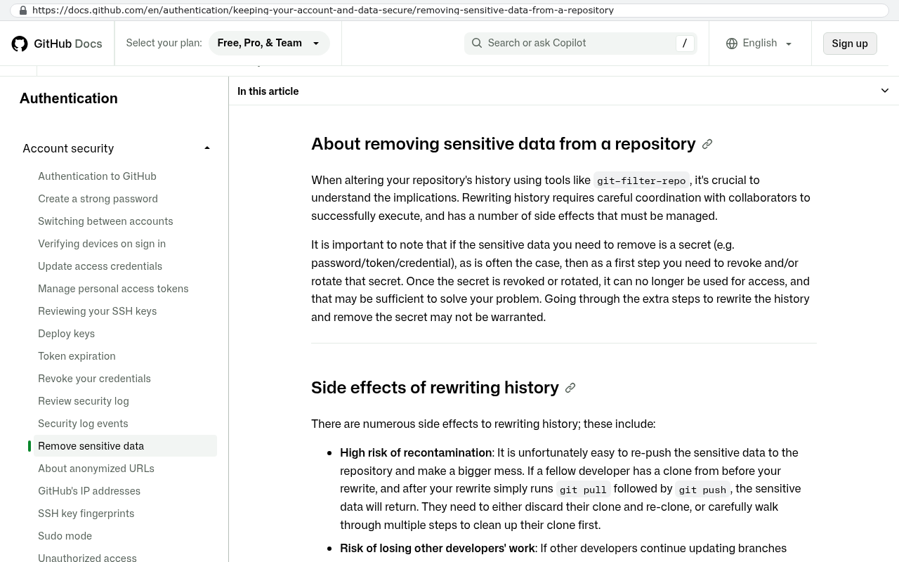 GitHub Docs page on removing sensitive data from a repository