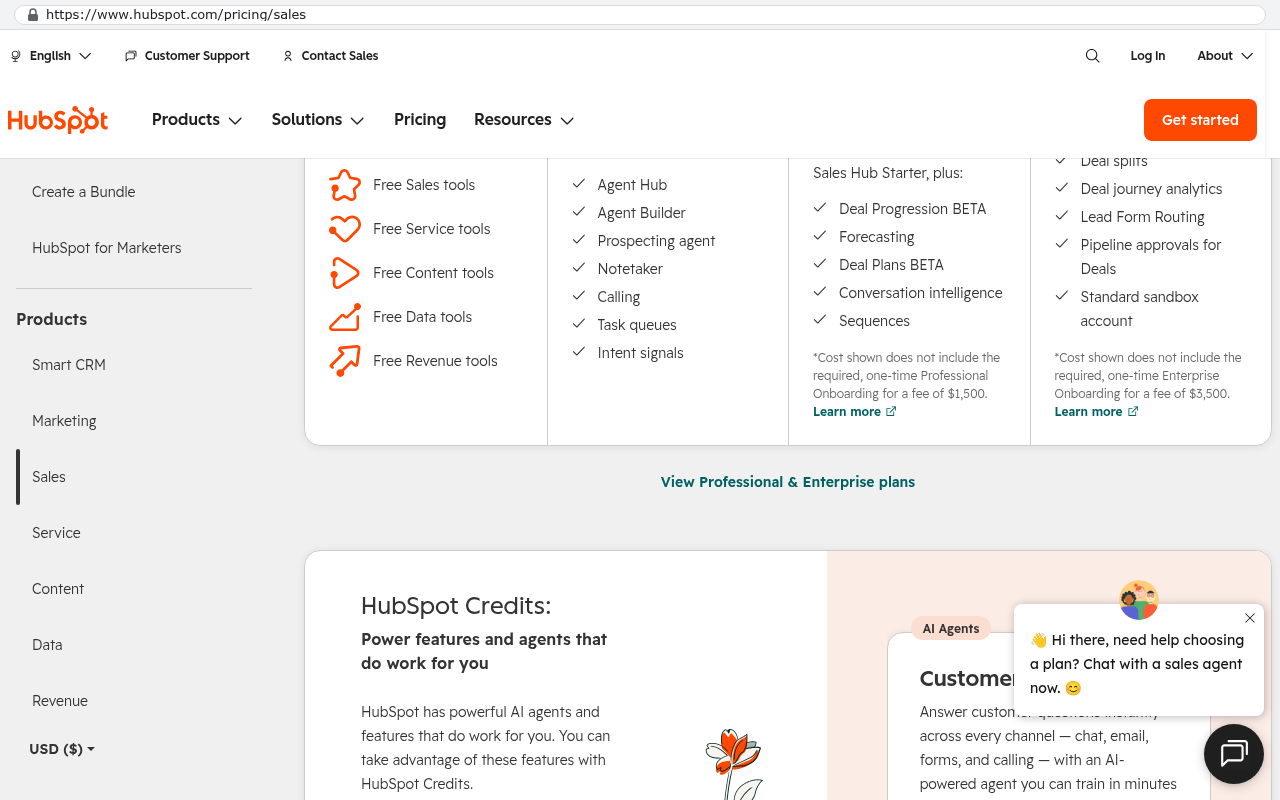 HubSpot pricing page for Sales Hub showing plan tiers with checkmarked features and onboarding fee information visible despite a chat widget overlay