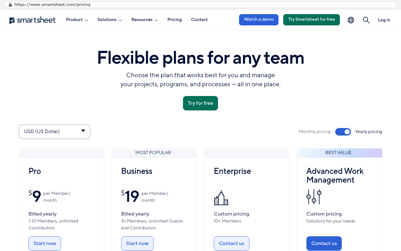 Smartsheet pricing page showing Pro plan at nine dollars per member per month and Business plan at nineteen dollars per member per month with billed yearly details