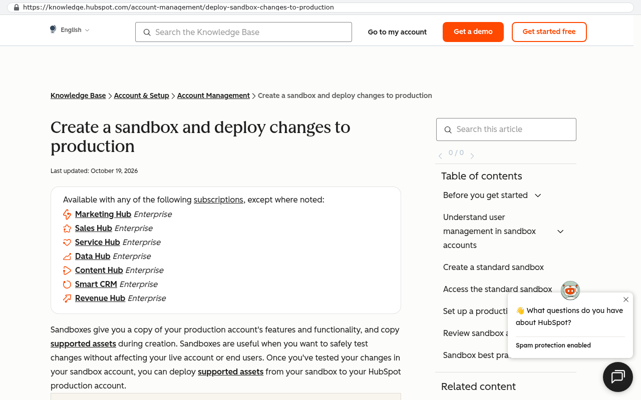 HubSpot knowledge base page listing Enterprise subscriptions that include sandbox functionality with Marketing Hub, Sales Hub, Service Hub, Data Hub, Content Hub, Smart CRM and Revenue Hub labeled
