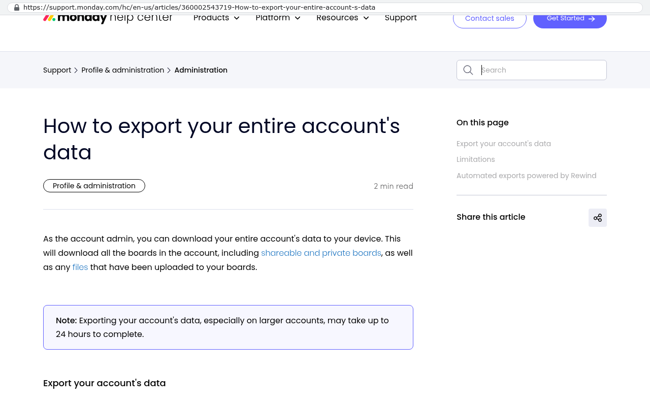 Monday.com help center page displaying instructions for exporting account data with information about included boards and files