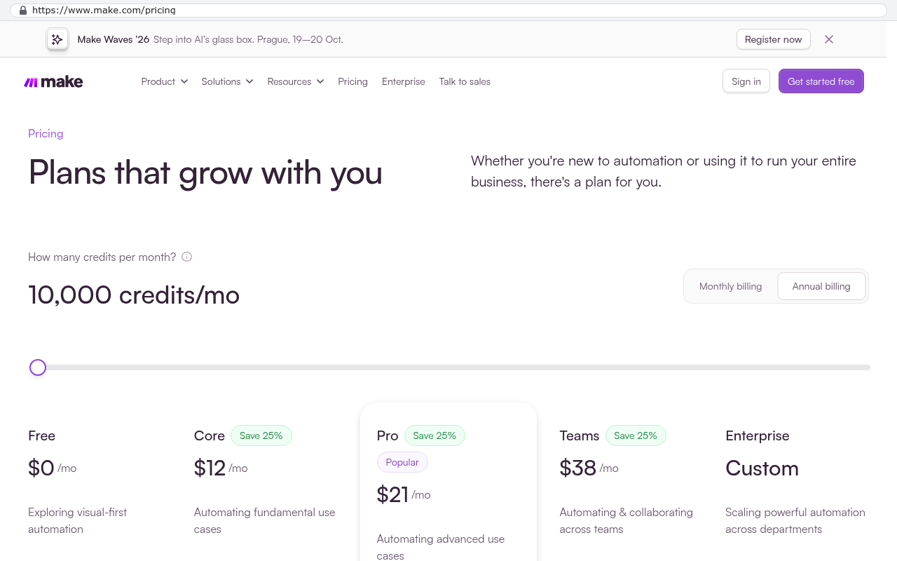 Make pricing page showing Free at 0 dollars per month, Core at 12 dollars per month, Pro at 21 dollars per month marked Popular with Save 25 percent, Teams at 38 dollars per month with Save 25 percent, and Enterprise with Custom pricing, each describing included automation capabilities