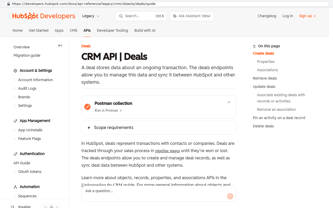 HubSpot Developers CRM API Deals guide showing endpoints that allow programs to read and write deal data between HubSpot and other systems