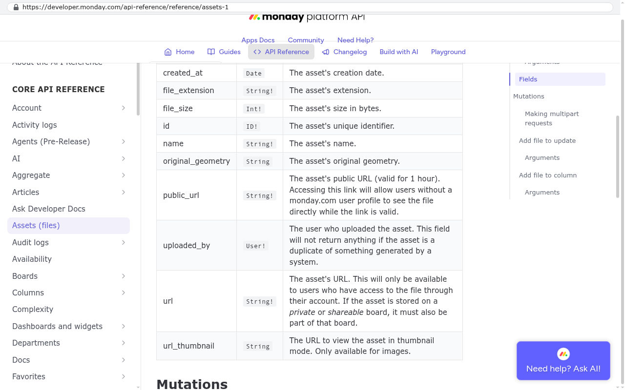 Monday.com API Reference documentation showing Assets object fields including public_url with description that the link is valid for one hour