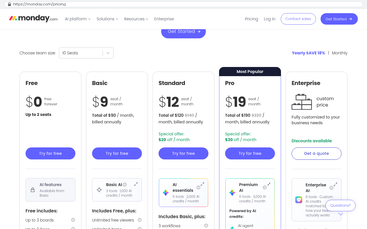 monday.com pricing page showing five pricing tiers from Free to Enterprise with per-seat pricing that increases by tier, plus a team size selector dropdown