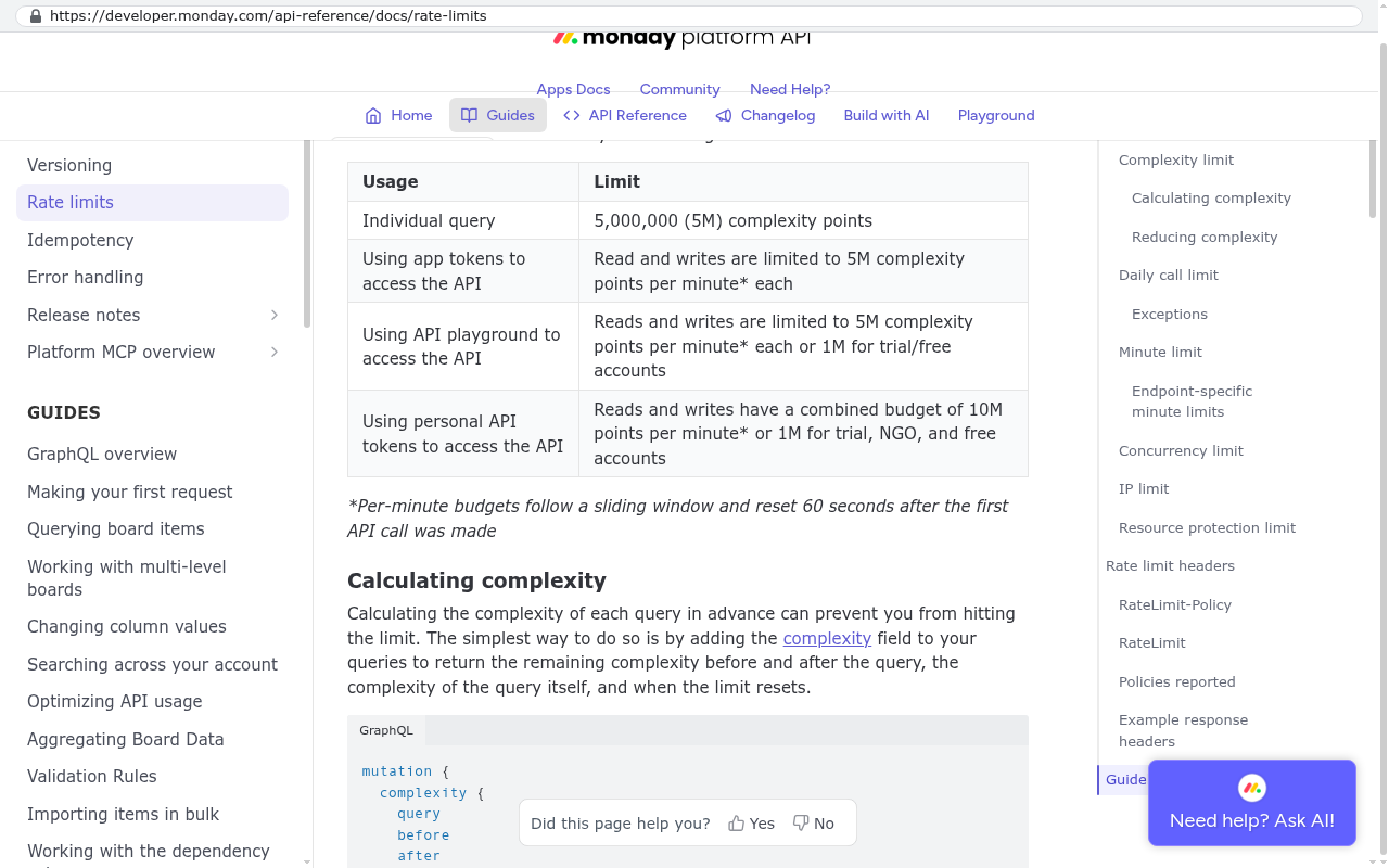 monday.com platform API documentation page displays rate limits table showing usage categories and their corresponding complexity point limits per minute for different account types and access methods