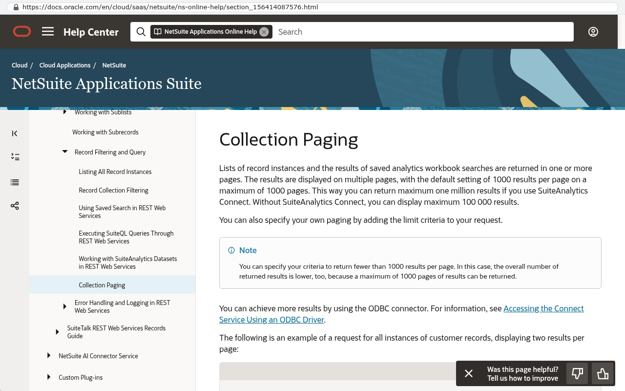 Oracle NetSuite Help Center Collection Paging page explaining that record instances are displayed on multiple pages with default setting of 1000 results per page on a maximum of 1000 pages