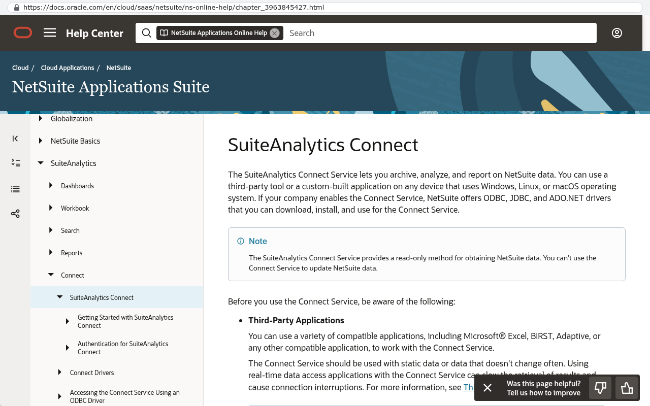 Oracle NetSuite Help Center showing SuiteAnalytics Connect documentation with text explaining the service provides read only method for obtaining NetSuite data and mentioning ODBC JDBC and ADO.NET drivers