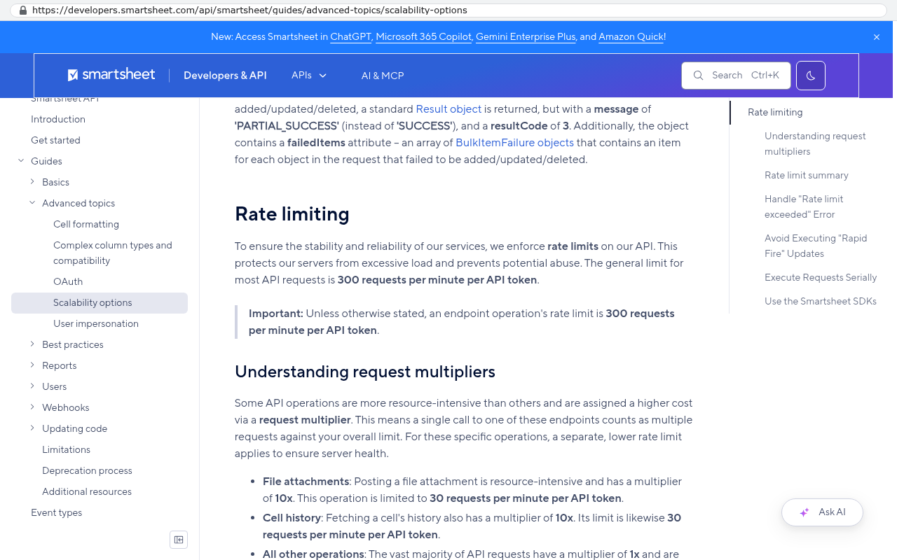 Smartsheet API documentation showing rate limiting information that specifies 300 requests per minute per API token as the standard limit for most API requests