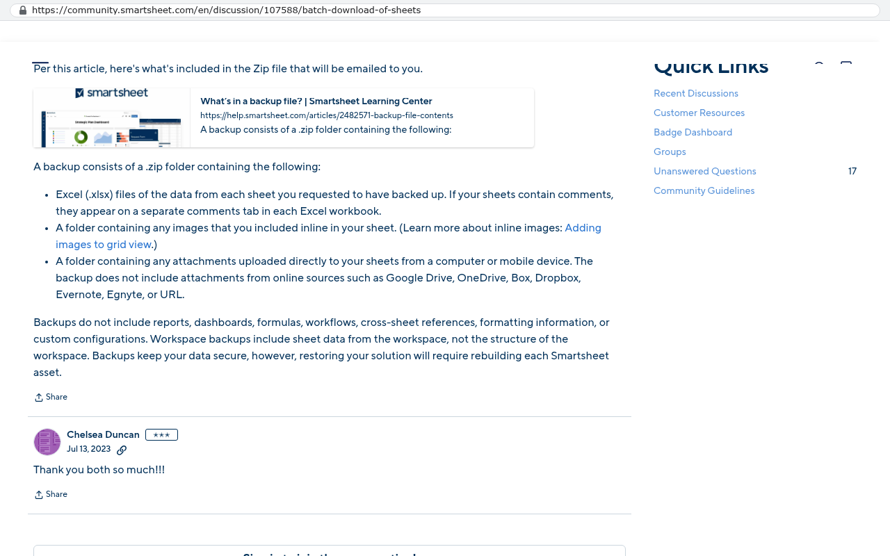 Smartsheet community discussion showing help center information about backup file contents including Excel sheets and attachments in a zip folder