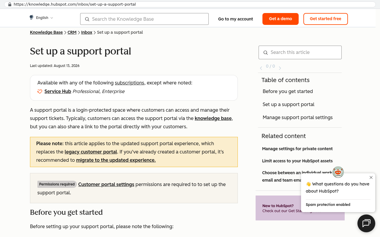 HubSpot Knowledge Base article titled Set up a support portal displaying information about the login-protected customer support portal features including permissions and ticket management capabilities