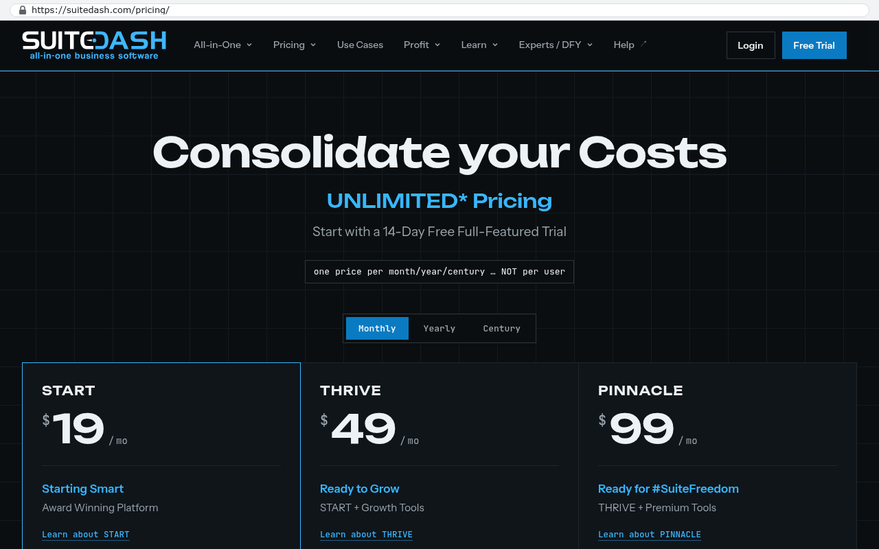SuiteDash pricing page displaying monthly plan options START THRIVE and PINNACLE with monthly costs of 19 49 and 99 dollars respectively and descriptions of included features for each tier.
