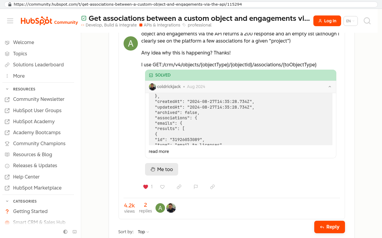 HubSpot Community API documentation showing a JSON response with createdAt updatedAt archived and associations fields containing numeric object IDs