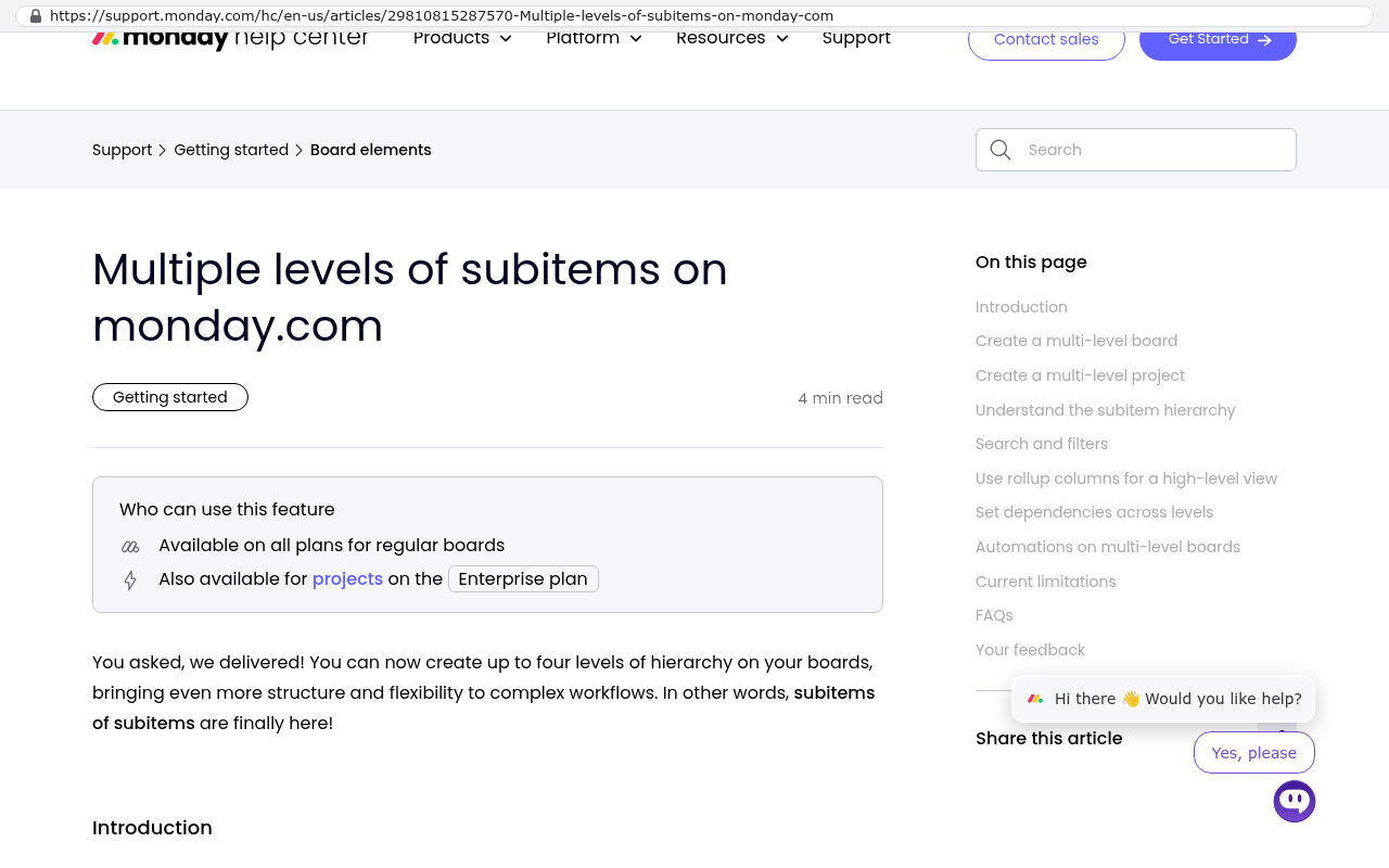 Monday.com help center article titled Multiple levels of subitems on monday.com displaying feature availability and explaining the four level hierarchy limit for nested subitems