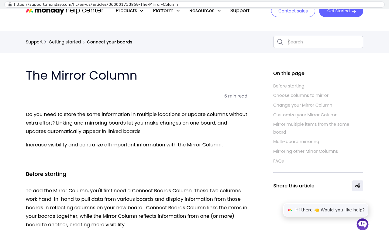 Monday.com help center page showing the Mirror Column feature which displays values from connected boards to increase visibility and centralize information
