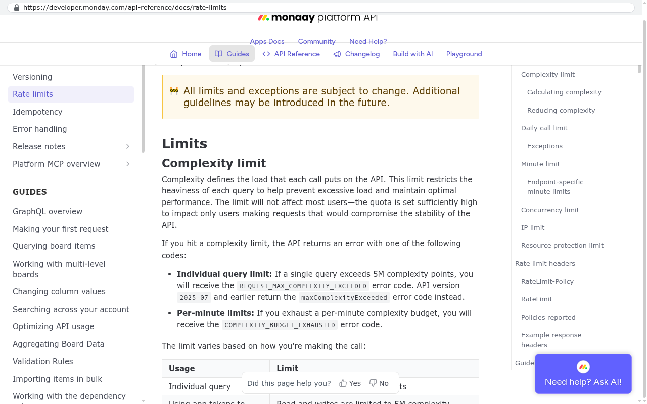 monday.com platform API Rate limits documentation page showing Complexity limit definition and per-minute complexity budget thresholds for GraphQL queries