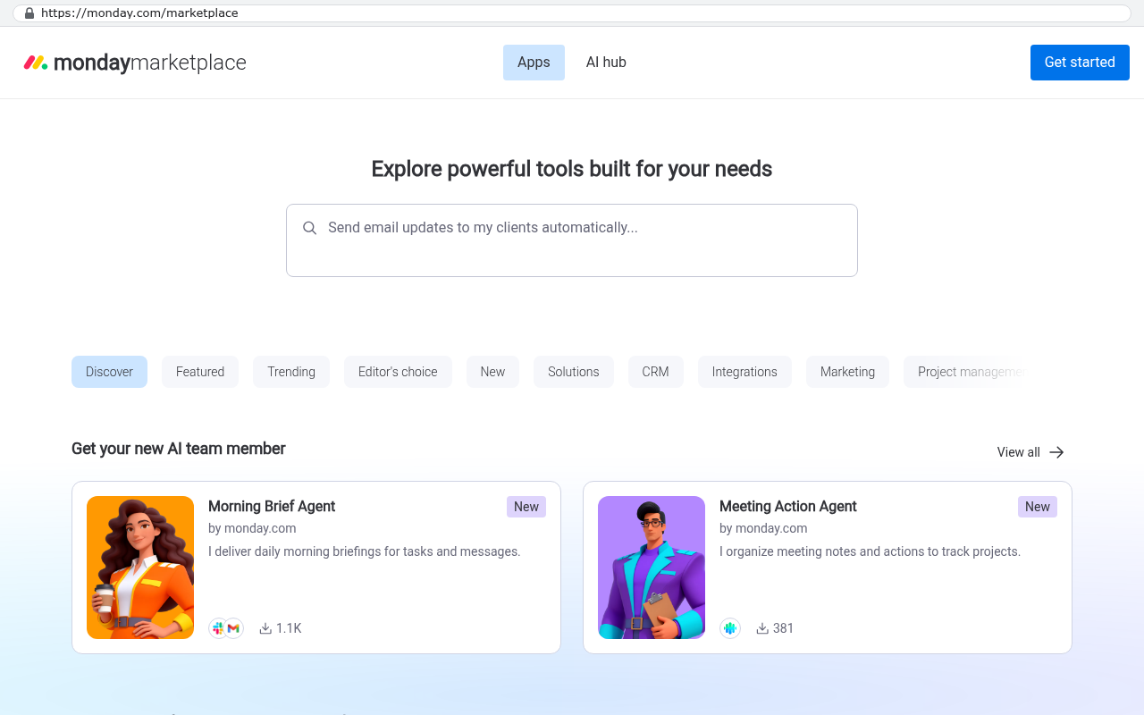 Monday.com marketplace homepage showing the Apps section with navigation tabs for Discover, Featured, Trending, Editor's choice, New, Solutions, CRM, Integrations, Marketing, and Project management categories, along with featured AI agents like Morning Brief Agent and Meeting Action Agent.