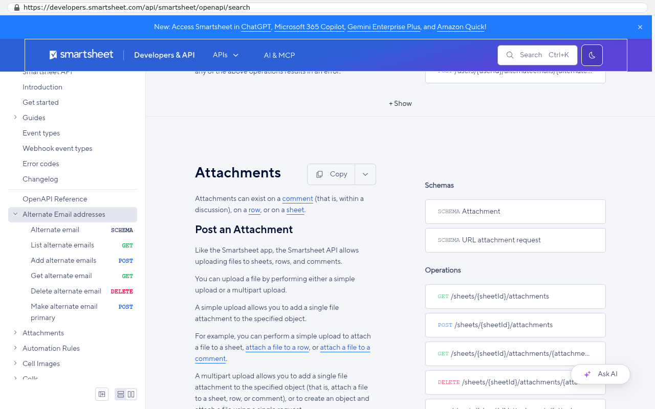 Smartsheet Developers API documentation displaying Attachments section with endpoint operations listed as GET POST and DELETE for sheet attachments