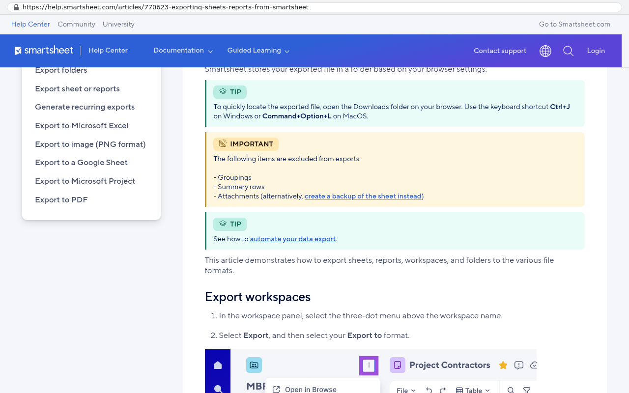 Smartsheet Help Center article showing an IMPORTANT section stating that groupings, summary rows, and attachments are excluded from exports