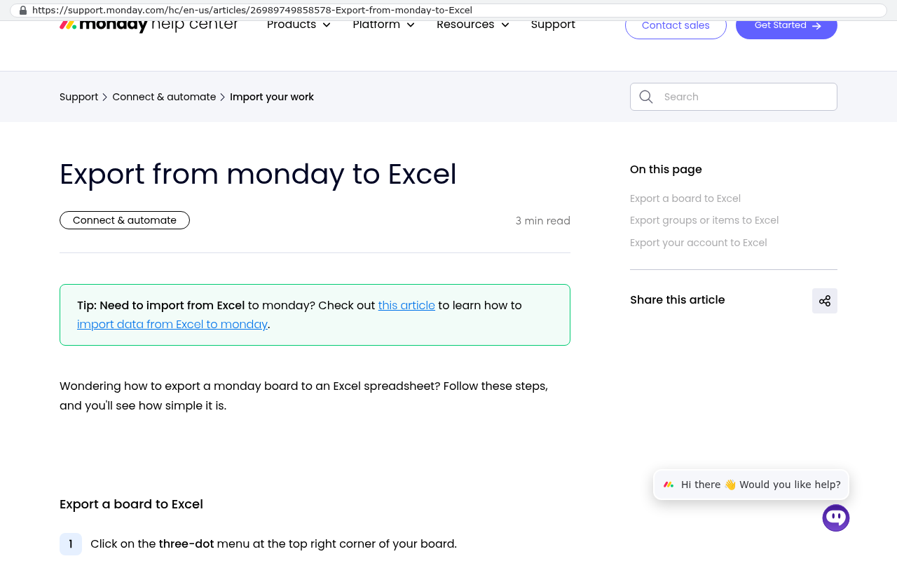 Monday.com support article titled Export from monday to Excel with navigation breadcrumbs and a tip box about importing data from Excel to monday