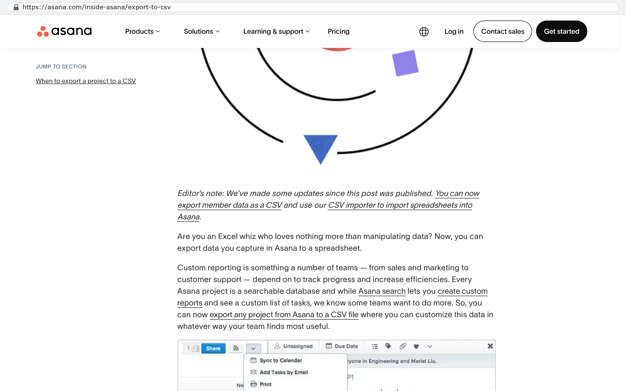 Asana inside Asana webpage showing export to CSV functionality with an editor's note explaining how to export member data as CSV and use the CSV importer, followed by explanatory text about exporting project data to spreadsheets for custom reporting.