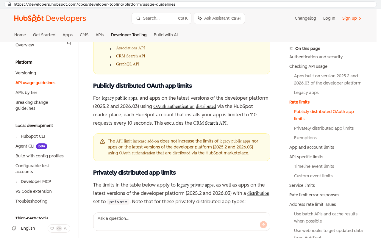 HubSpot Developers documentation page displaying API usage guidelines with sections on publicly distributed OAuth app limits of 110 requests per 10 seconds and privately distributed app limits that restrict bulk data extraction