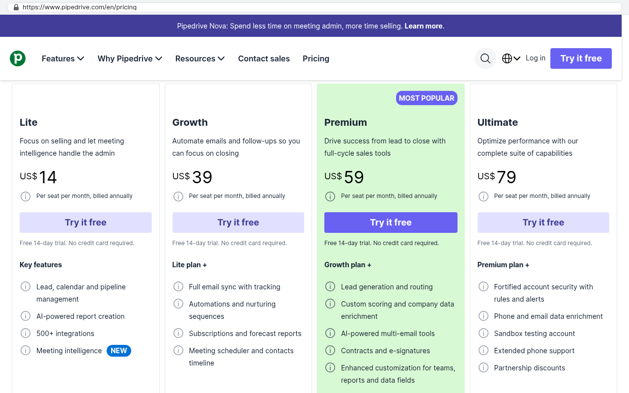 Pipedrive pricing page showing Lite at US$14 per seat, Growth at US$39, Premium at US$59 marked most popular, and Ultimate at US$79 per seat per month billed annually