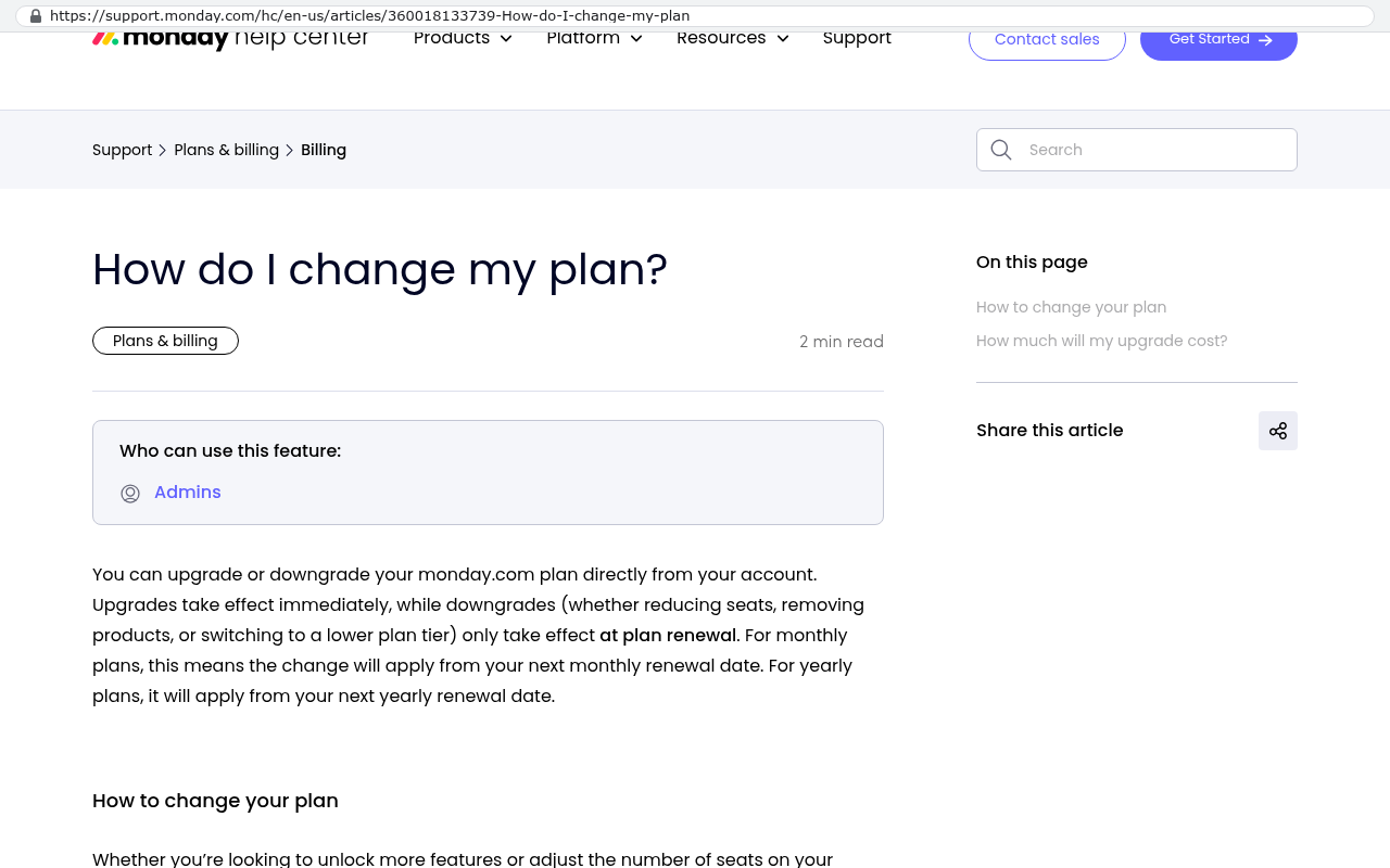Monday.com support page showing how to change plans with text explaining that downgrades take effect at plan renewal for both monthly and yearly plans