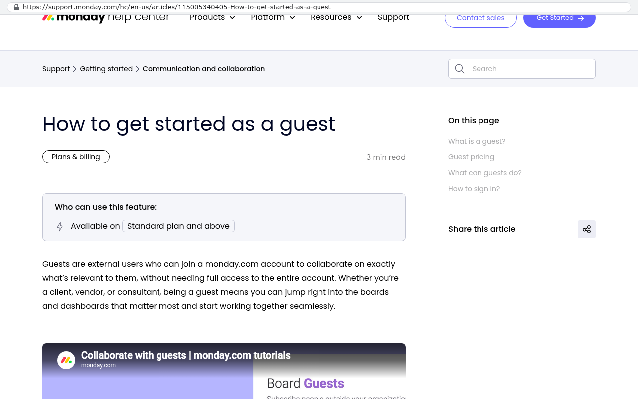 Monday.com help center article titled How to get started as a guest displaying feature availability on Standard plan and above with explanation that guests are external users who can join to collaborate on specific boards and dashboards
