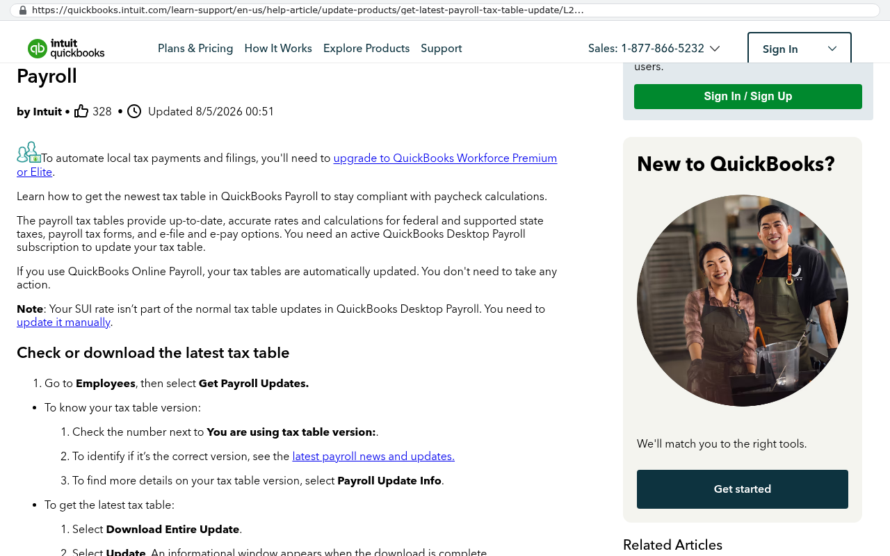 QuickBooks Payroll support page showing instructions for updating payroll tax tables with text stating that Online Payroll tax tables are automatically updated