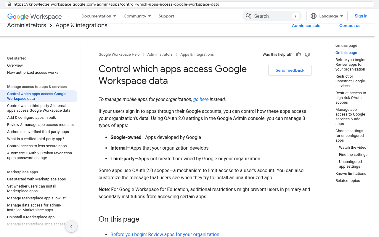 Google Workspace admin documentation page titled Control which apps access Google Workspace data explaining three types of apps and OAuth 2.0 scopes for managing app access