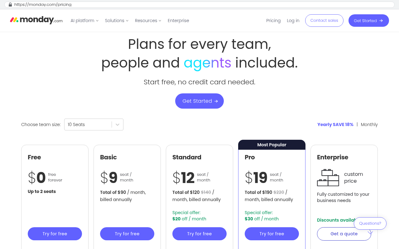 monday.com pricing page displaying five subscription plans with per-seat monthly pricing from zero to nineteen dollars, a ten-seat team size selector, and total monthly costs that scale with seat count
