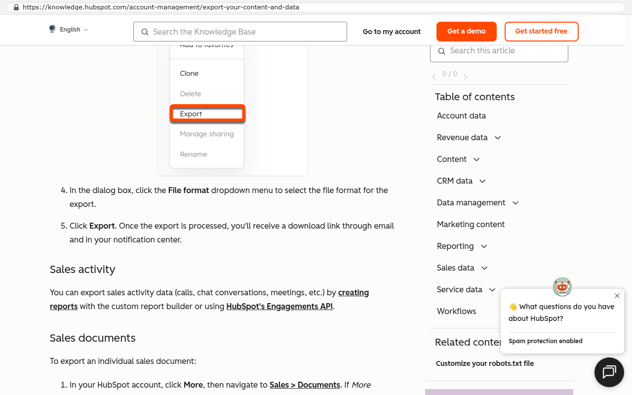 HubSpot knowledge base page showing an export dialog menu with an Export button highlighted and text describing how to select file formats and complete the export process