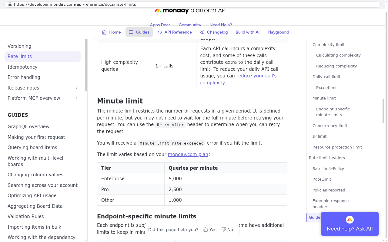 monday.com platform API documentation page displays minute limit rate restrictions showing queries per minute for Enterprise at 5000, Pro at 2500, and Other at 1000.