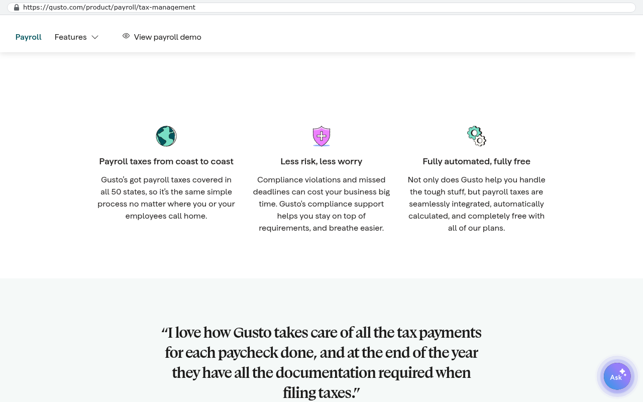 Gusto payroll tax management page displaying features for payroll taxes from coast to coast, compliance support, and fully automated tax calculation included free with all plans