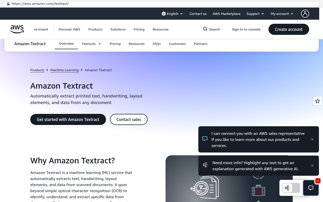 Amazon Textract product overview page describing automatic extraction of printed text handwriting layout elements and data from any document