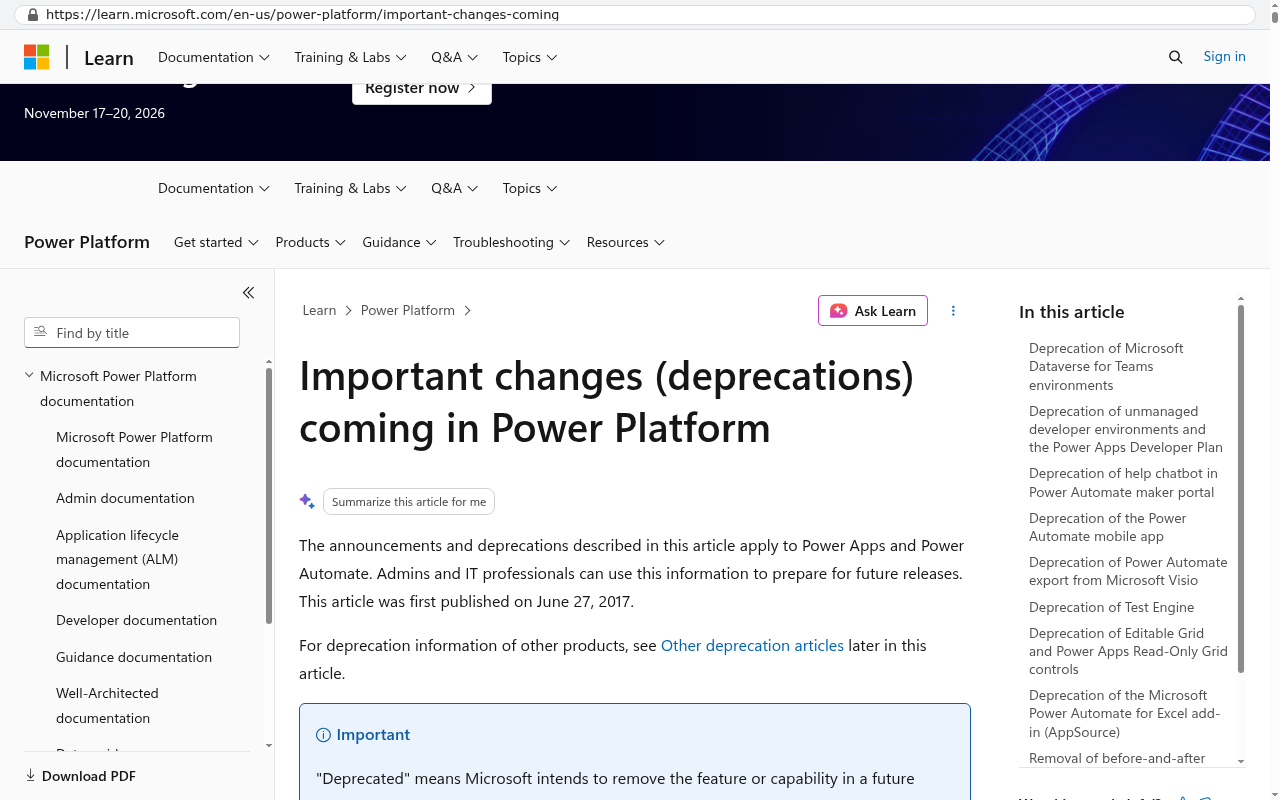 Microsoft Learn website showing the Important changes and deprecations coming in Power Platform page with a list of deprecated features and their retirement details in the right sidebar