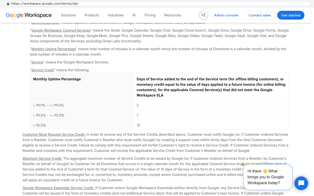 Google Workspace SLA terms page showing uptime percentage tiers and corresponding service credit days granted for downtime compensation