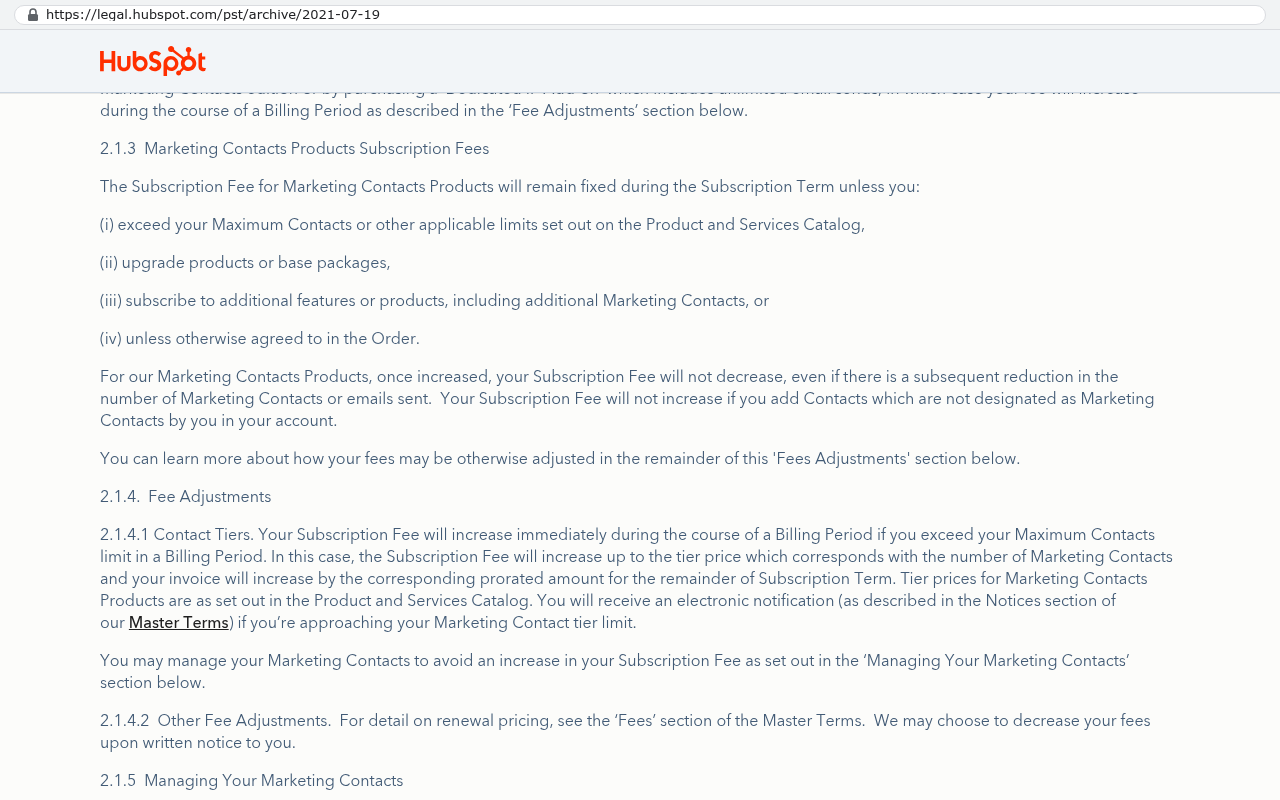 HubSpot legal terms page displaying section 2.1.3 on Marketing Contacts Products Subscription Fees, explaining that subscription quantities can be increased during a billing period but reductions do not occur mid-term