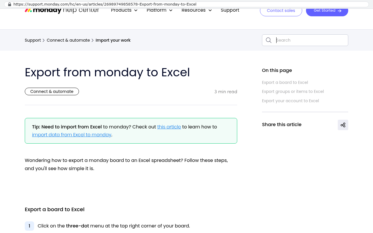 Monday.com help center page displaying Export from monday to Excel with navigation breadcrumbs and an introductory paragraph stating Wondering how to export a monday board to an Excel spreadsheet Follow these steps and you'll see how simple it is.