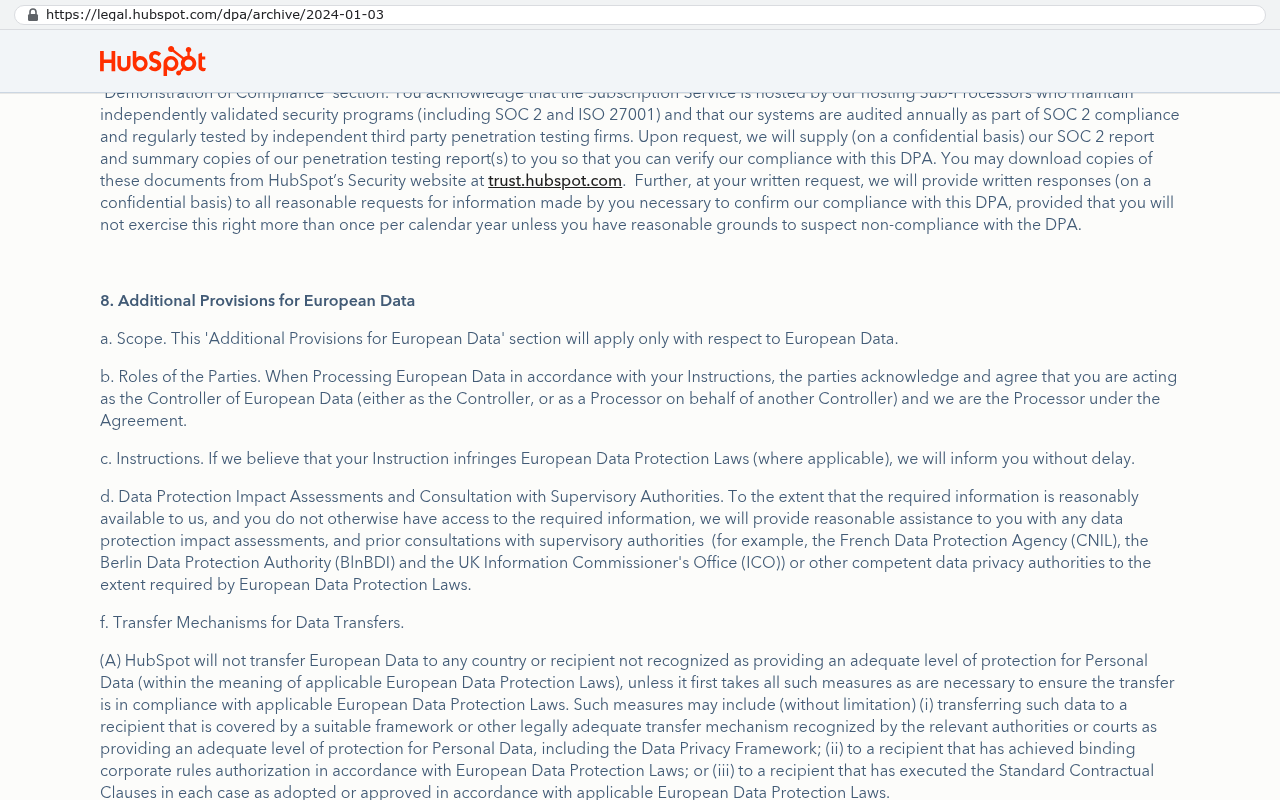 HubSpot legal website displaying Data Processing Agreement section 8 on Additional Provisions for European Data with text confirming processor and controller roles and data transfer obligations.