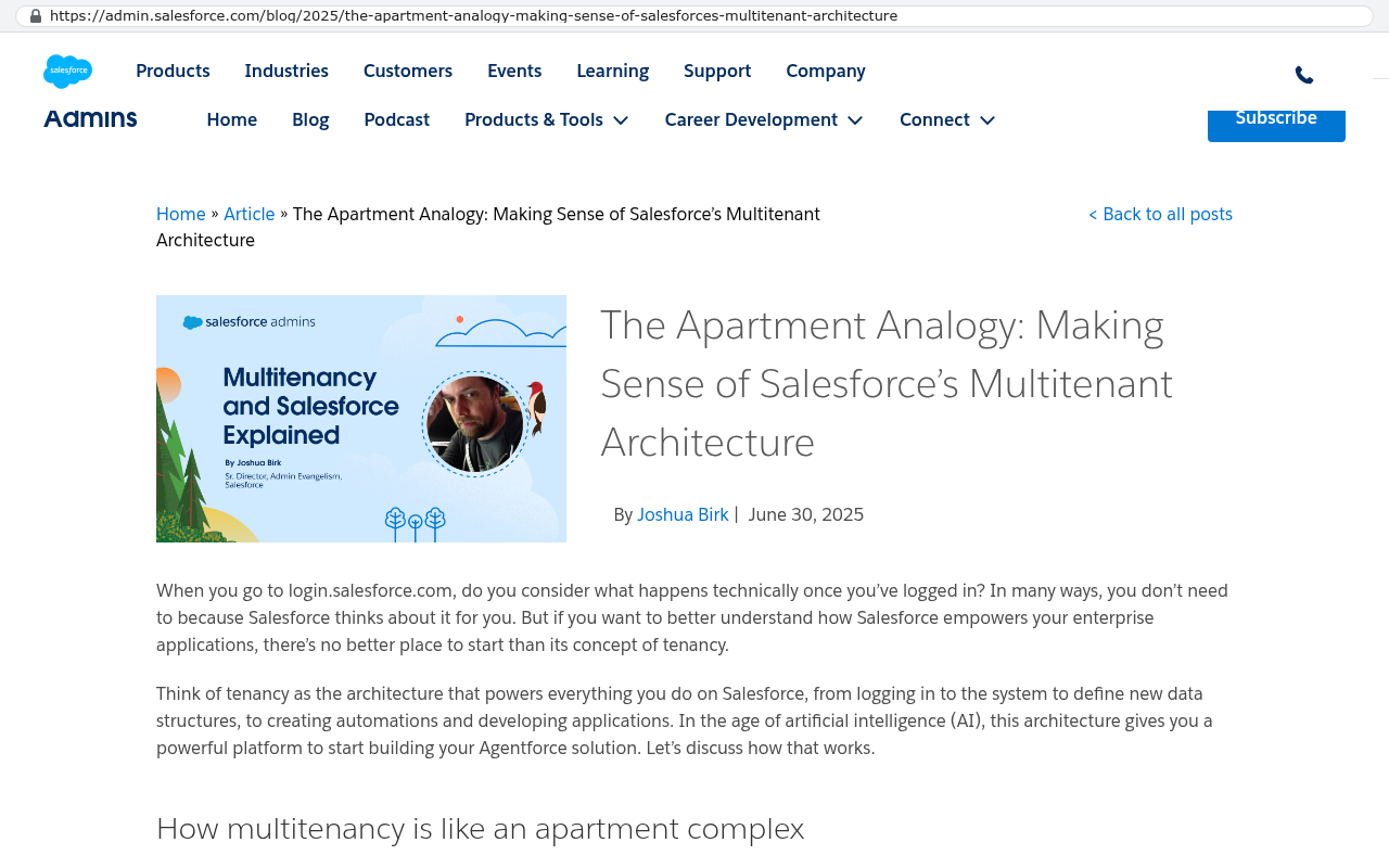 Salesforce admin blog page titled The Apartment Analogy Making Sense of Salesforce's Multitenant Architecture with introductory text explaining tenancy as the architecture powering Salesforce applications