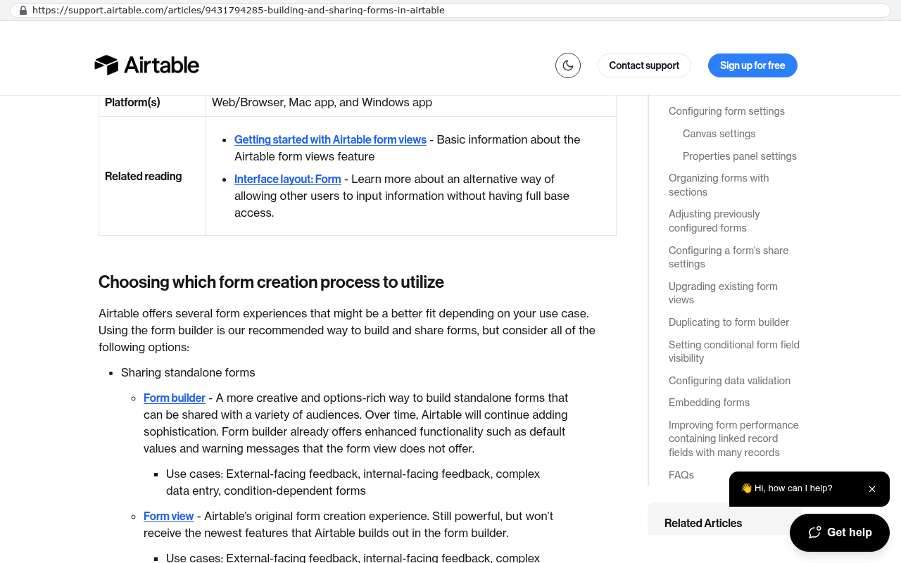 Airtable support article displaying form creation options including form builder for standalone forms with sharing capabilities and form view alternatives