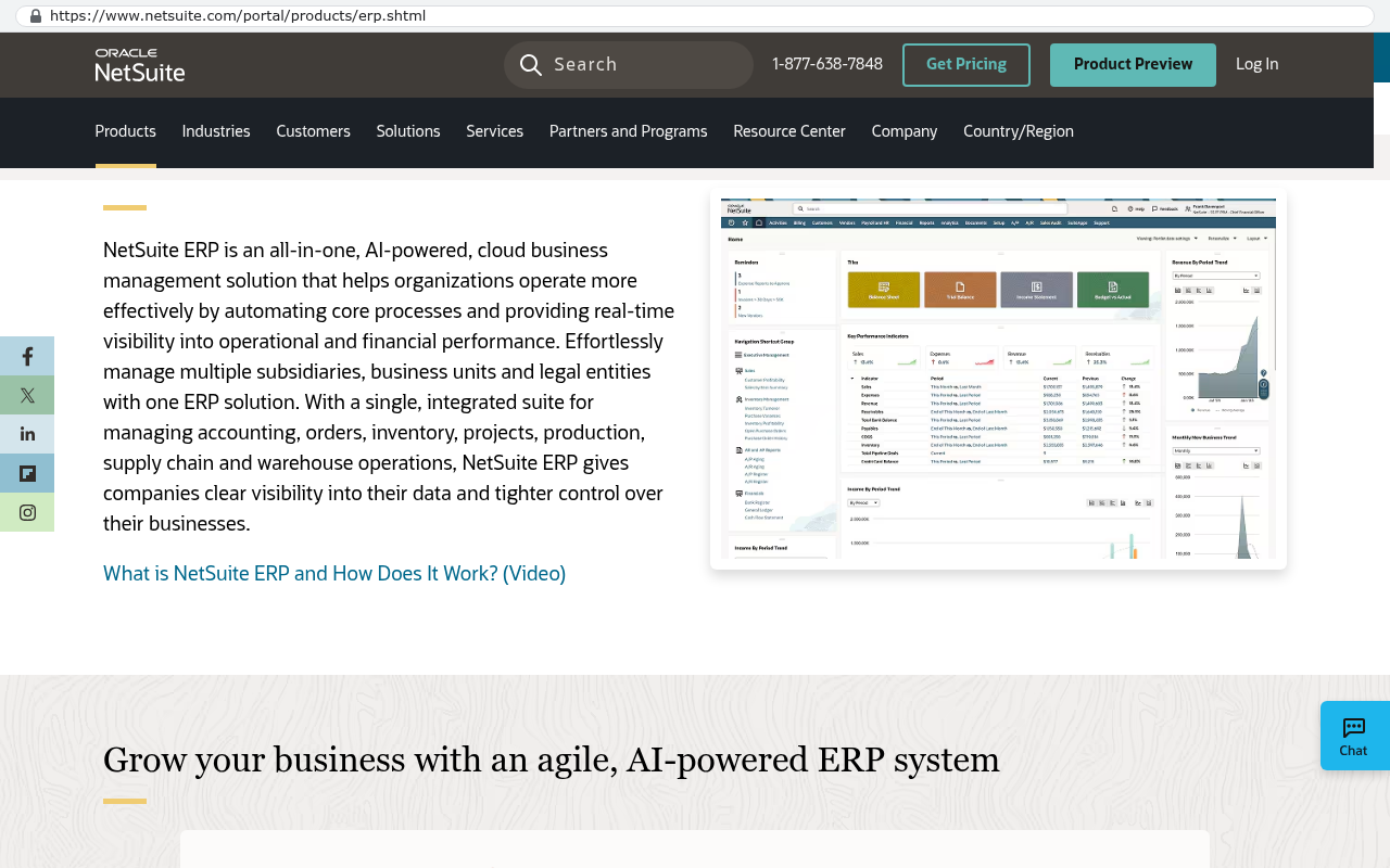 NetSuite ERP product page showing the Oracle NetSuite logo and header with a detailed description of the integrated ERP system covering accounting inventory projects production and supply chain management plus a screenshot of the NetSuite dashboard interface displaying financial performance indicators and business metrics