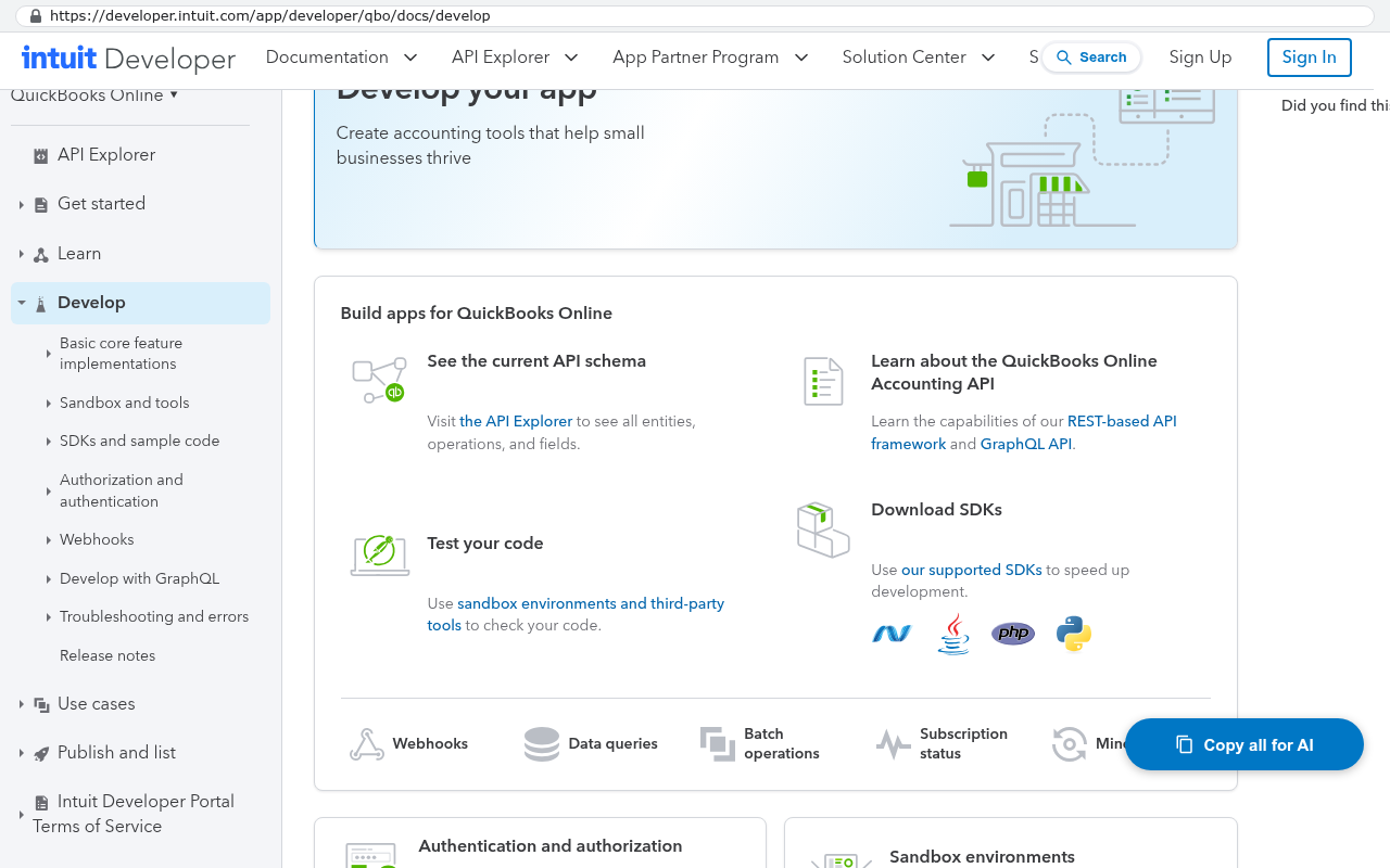 Intuit Developer QuickBooks Online Develop page displaying API endpoints, sandbox environments, SDKs for multiple languages, and integration capabilities for building apps